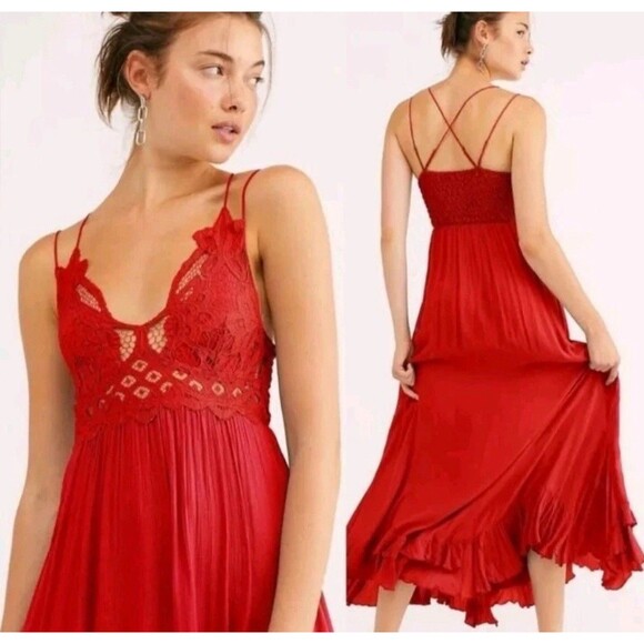 Free People Adella Maxi Slip Dress Woman XS Sleeveless Boho Crochet Lace Red - Picture 1 of 10